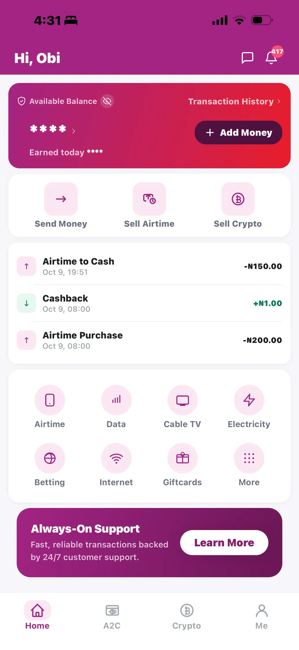 The Mabro app home screen