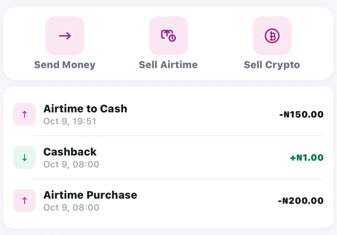 Mabro home screen showing Send Money, Sell Airtime and Sell Crypto above three recent transactions