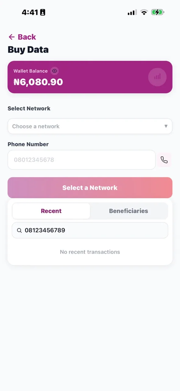 The Mabro app's airtime purchase screen