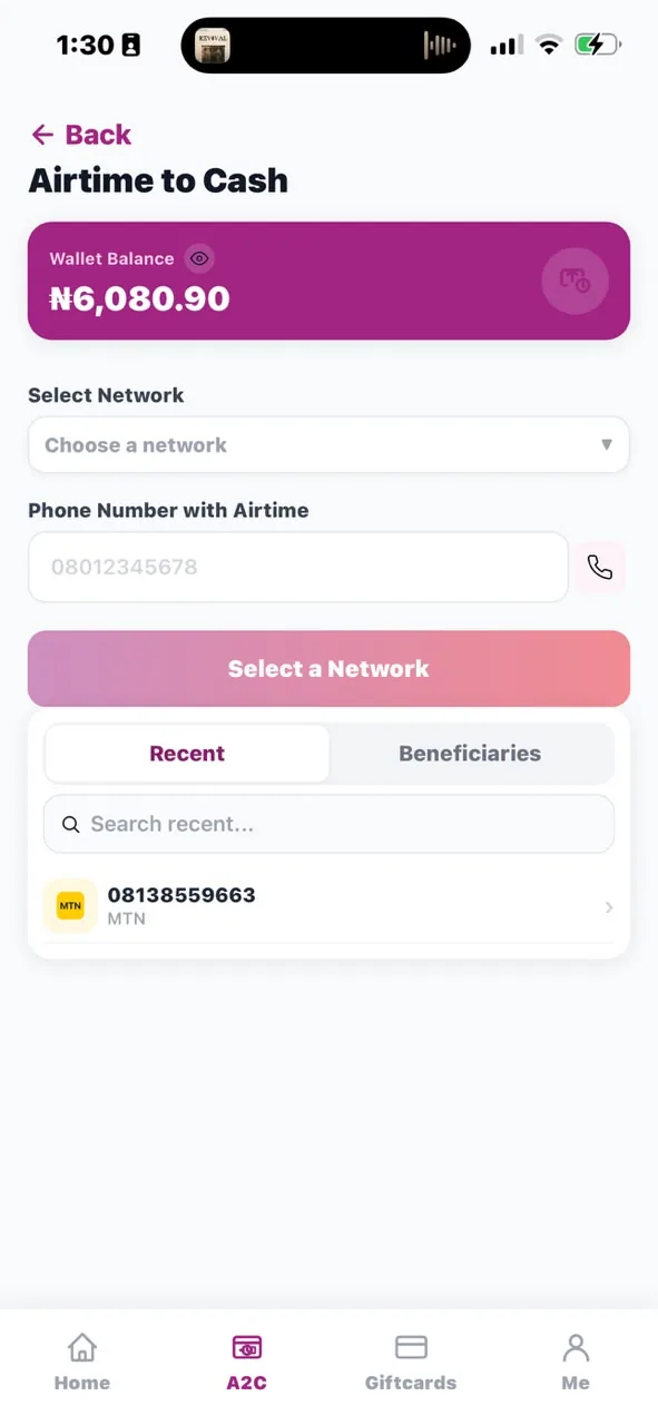 The Mabro app's airtime-to-cash screen